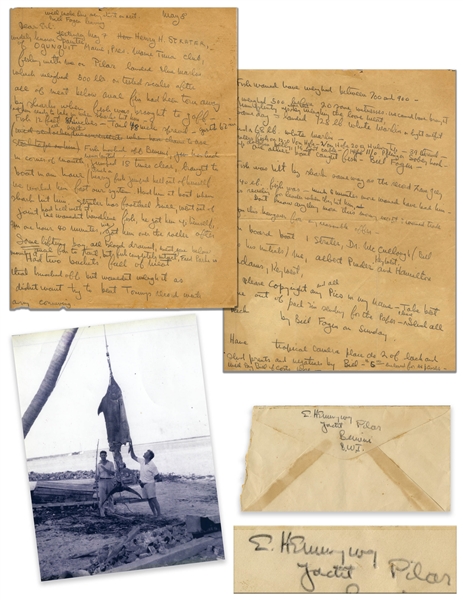 Ernest Hemingway Autograph Letter & Signed Envelope, Documenting the Legendary Marlin That Inspired ''The Old Man and the Sea'' -- ''...landed Blue Marlin which weighed 500 lbs...sharks hit him...''